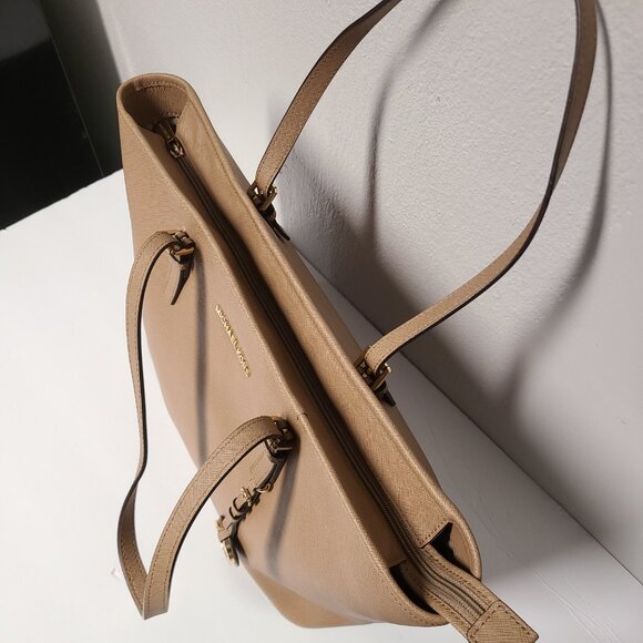 Michael Kors Large Jet Set Saffiano Leather Tote Handbag Purse Brown Top Zip - Picture 5 of 9